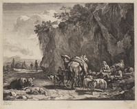 KG 05187
<br/>
Herderin met spinrok bij een rots
<br/>
<em>Visscher, Jan de (ca. 1636-na 1692)</em>